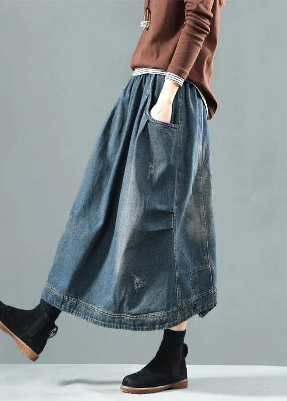 Blue-red flower Pockets Retro Patchwork Skirts Denim