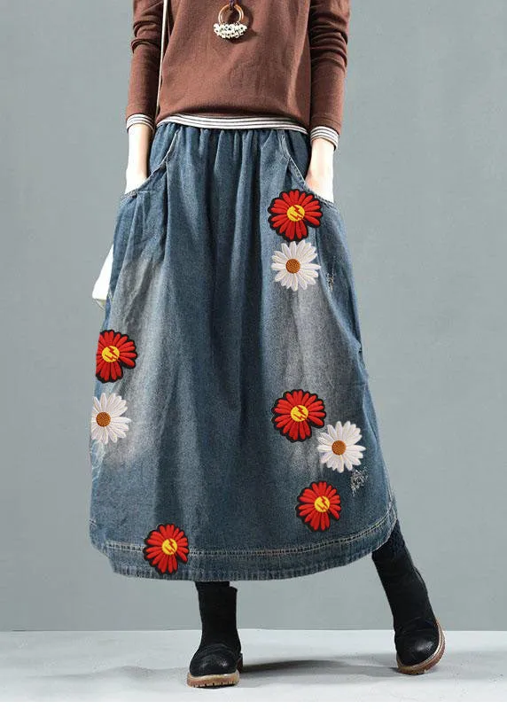 Blue-red flower Pockets Retro Patchwork Skirts Denim