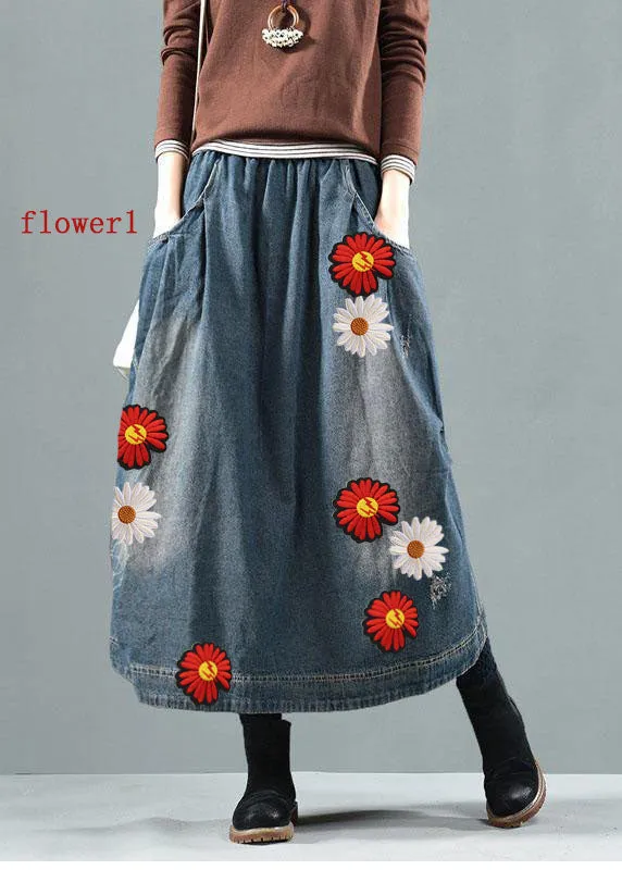 Blue-white flower Pockets Retro Patchwork Skirts Denim