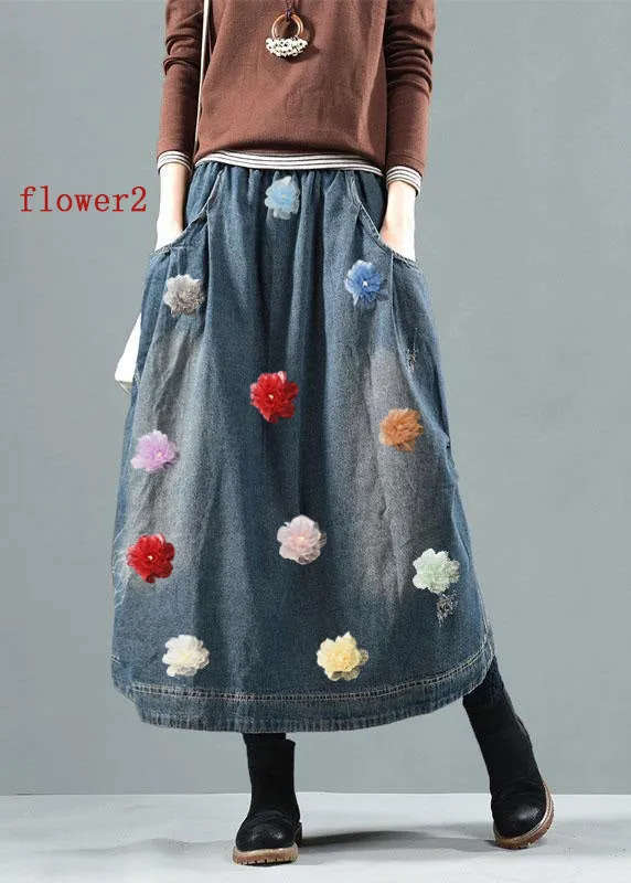 Blue-white flower Pockets Retro Patchwork Skirts Denim