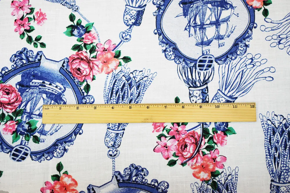 Blue-White-Pink Floral Tassel and Ship Printed Linen Woven Fabric