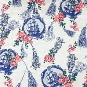 Blue-White-Pink Floral Tassel and Ship Printed Linen Woven Fabric