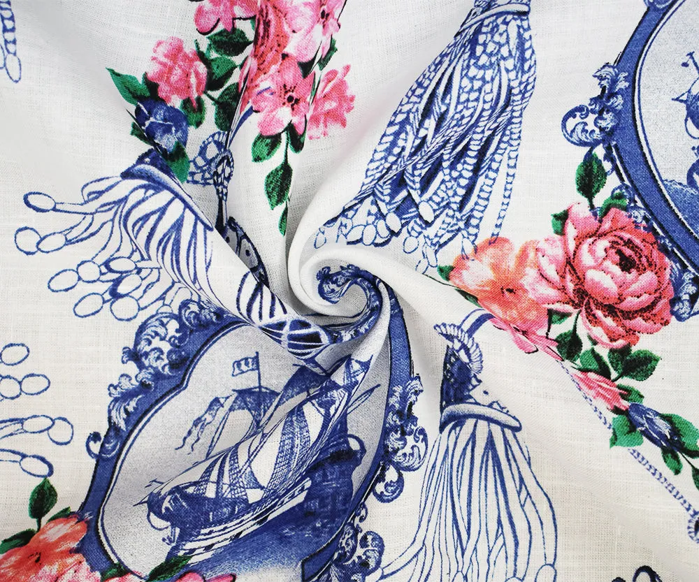 Blue-White-Pink Floral Tassel and Ship Printed Linen Woven Fabric