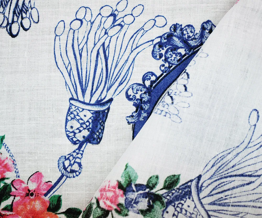 Blue-White-Pink Floral Tassel and Ship Printed Linen Woven Fabric