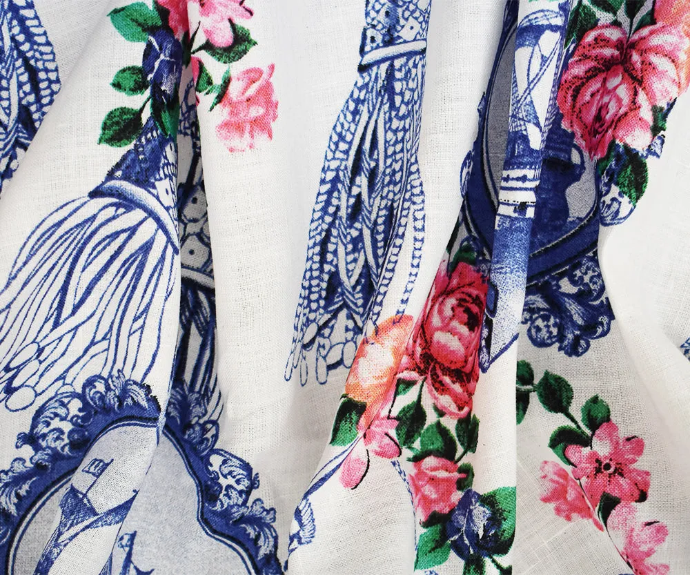 Blue-White-Pink Floral Tassel and Ship Printed Linen Woven Fabric