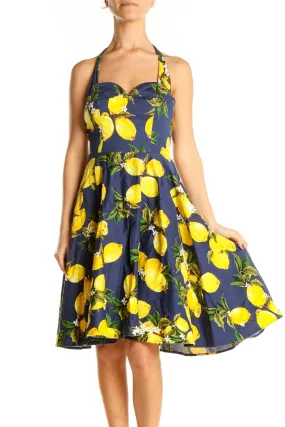 Blue Yellow Printed Retro Fit & Flare Dress