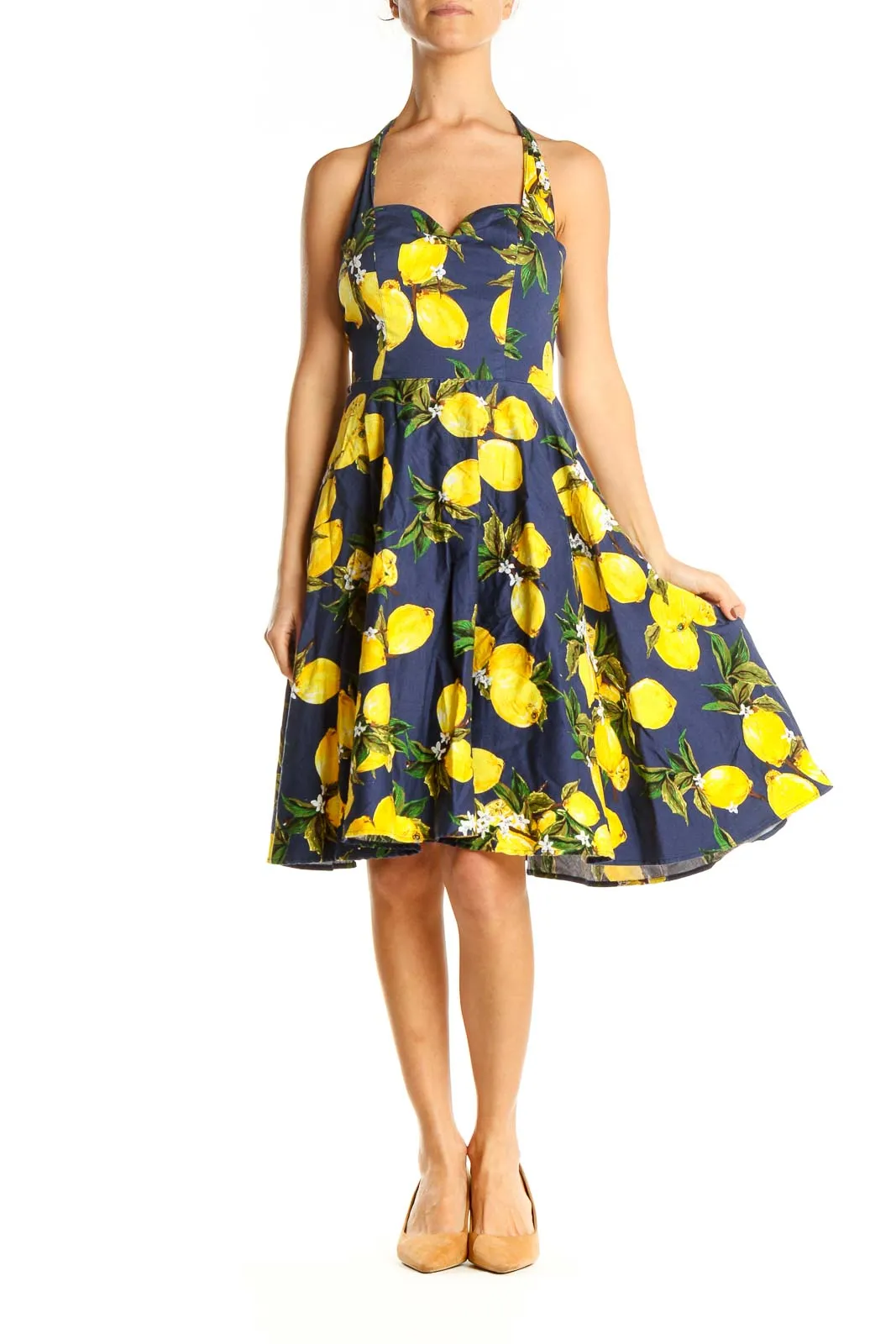 Blue Yellow Printed Retro Fit & Flare Dress