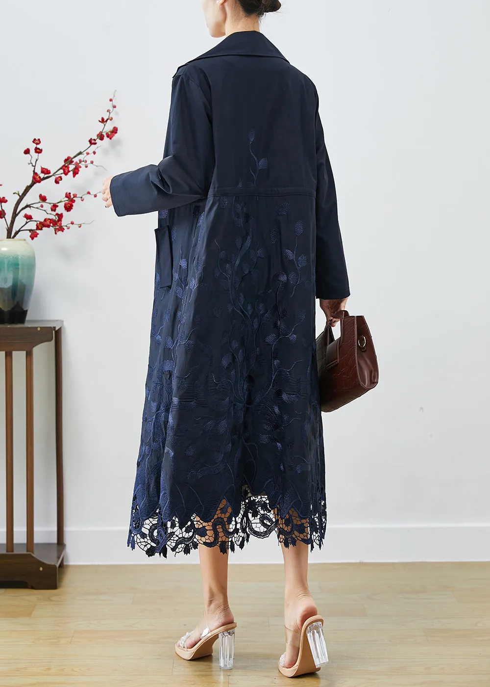 Bohemian Navy Embroideried Tie Waist Spandex Trench Coats Fall ML1959