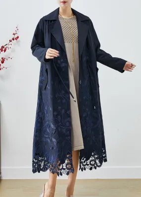 Bohemian Navy Embroideried Tie Waist Spandex Trench Coats Fall ML1959