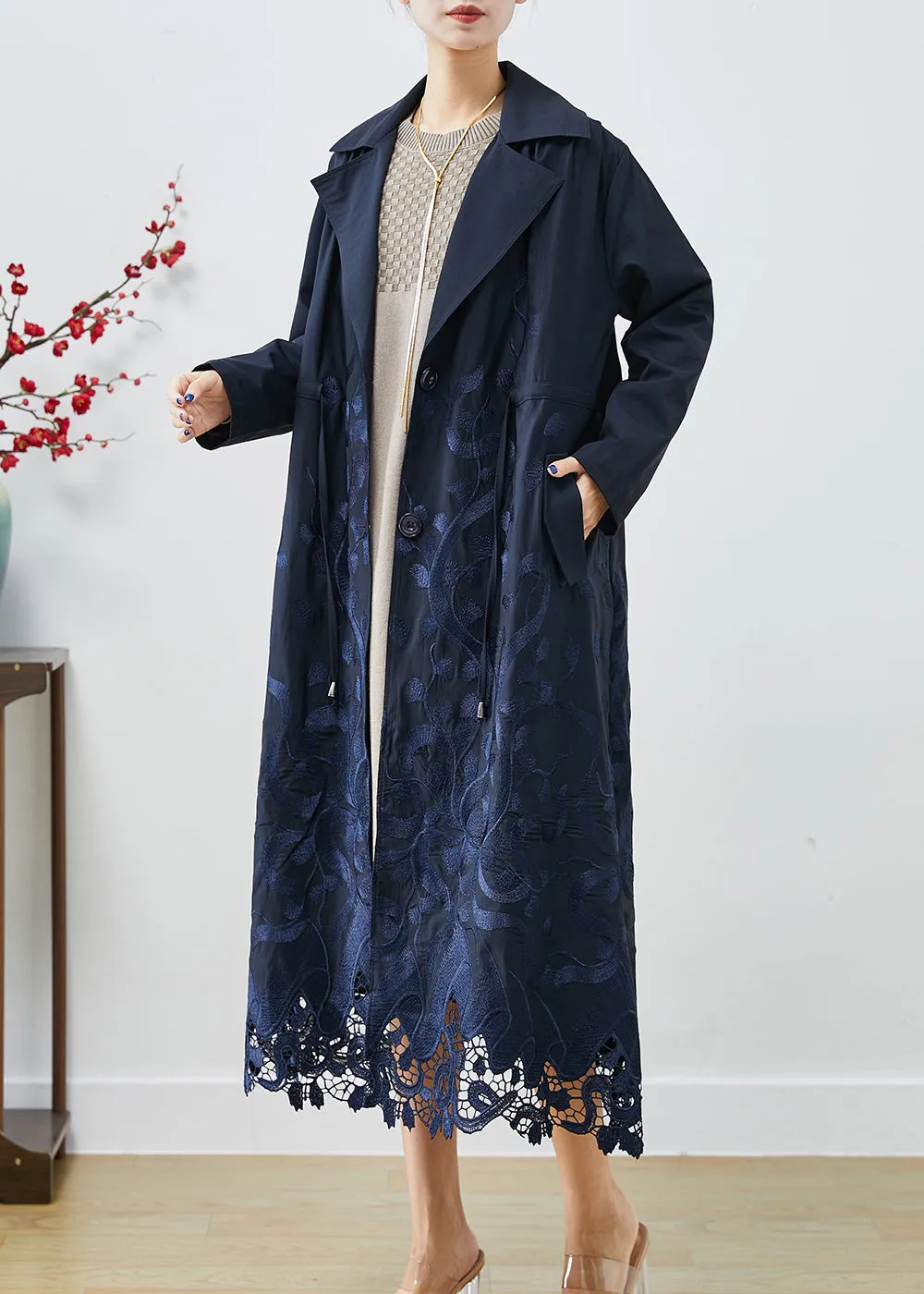 Bohemian Navy Embroideried Tie Waist Spandex Trench Coats Fall ML1959