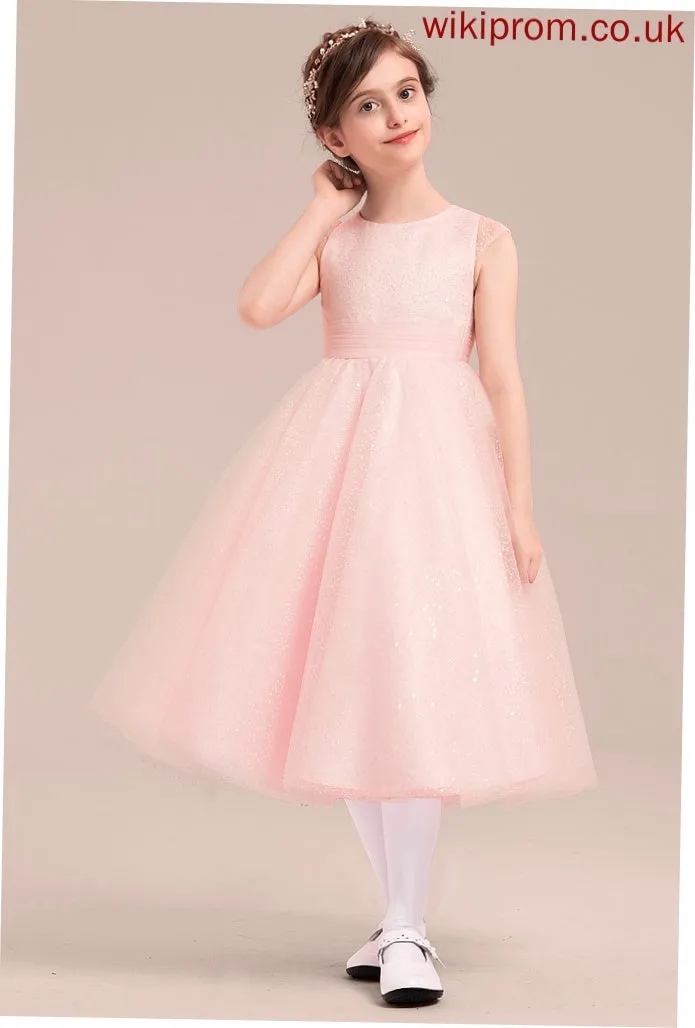 Bow(s) Girl Neck - Scoop Tulle Tea-length Dress Flower Girl Dresses With Sleeveless Jaslene Flower A-Line/Princess