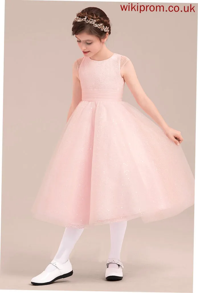 Bow(s) Girl Neck - Scoop Tulle Tea-length Dress Flower Girl Dresses With Sleeveless Jaslene Flower A-Line/Princess