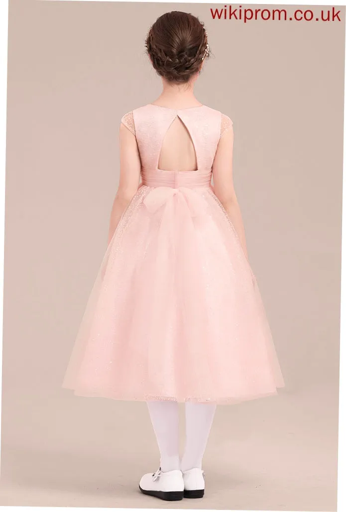 Bow(s) Girl Neck - Scoop Tulle Tea-length Dress Flower Girl Dresses With Sleeveless Jaslene Flower A-Line/Princess