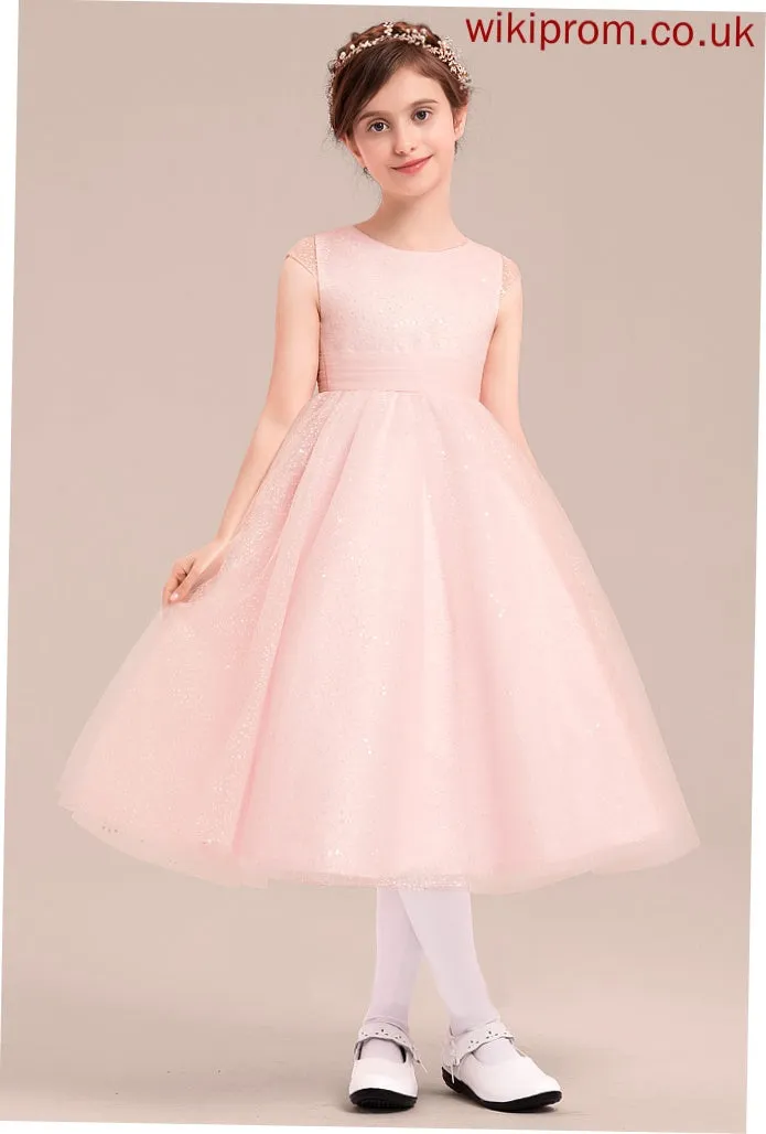 Bow(s) Girl Neck - Scoop Tulle Tea-length Dress Flower Girl Dresses With Sleeveless Jaslene Flower A-Line/Princess