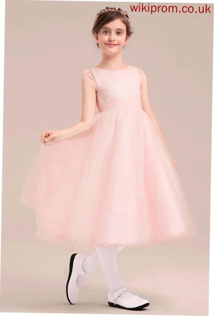 Bow(s) Girl Neck - Scoop Tulle Tea-length Dress Flower Girl Dresses With Sleeveless Jaslene Flower A-Line/Princess