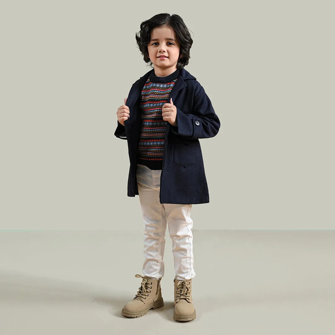 Boys Wool Trench Coat-Navy Blue