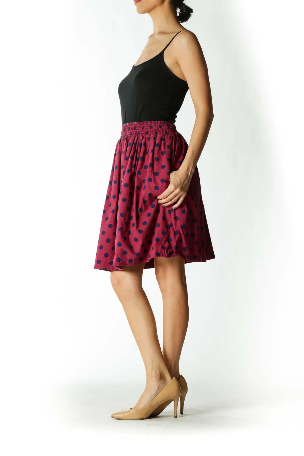 Burgundy/Navy-Blue 100% Cotton Pocketed Lined Skirt