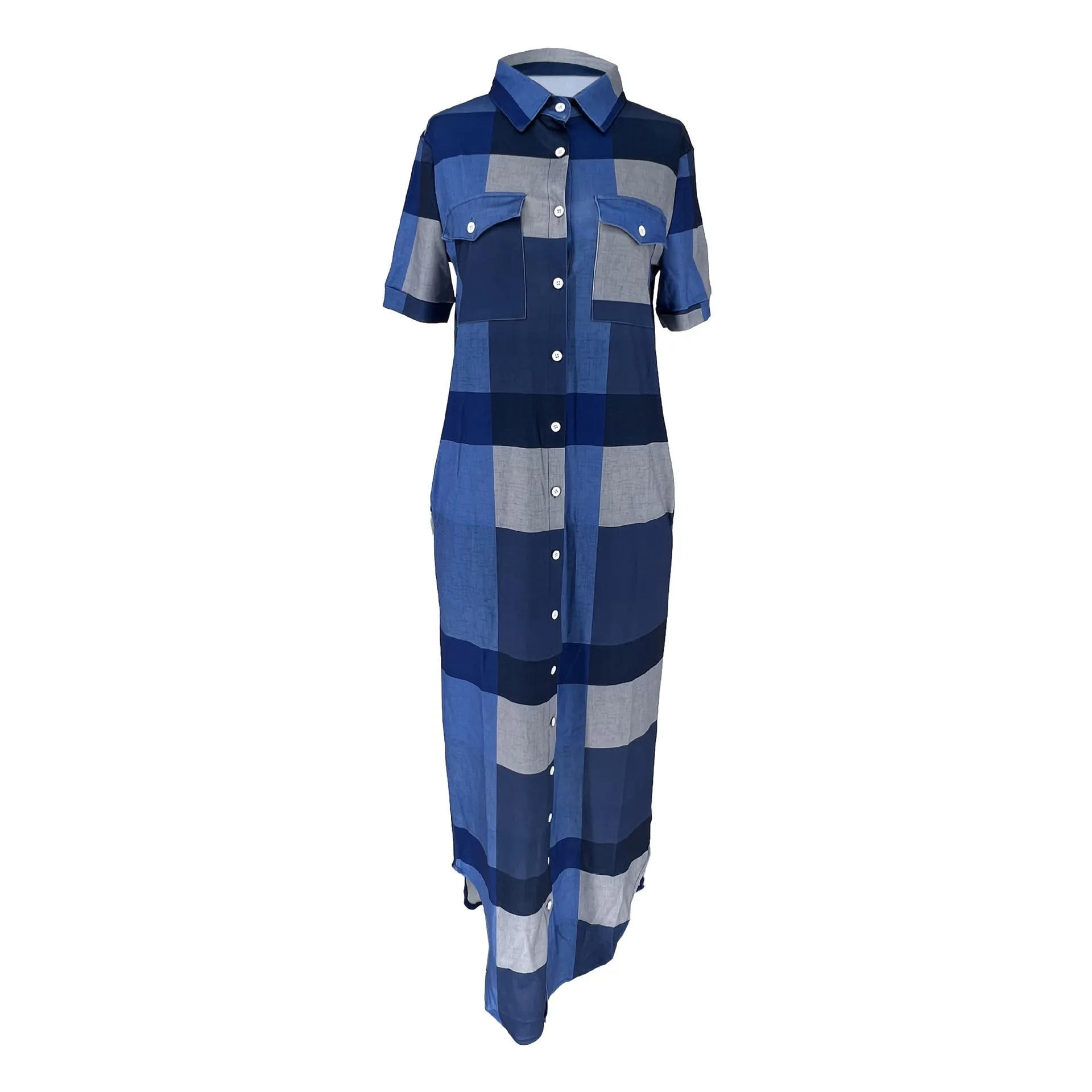 Checkered Pattern and Front Slit Buttons Loose Fit Shirt Dress