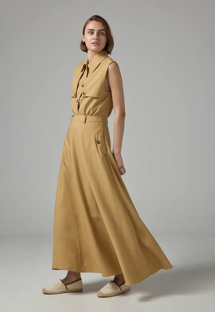 Choice Solid Flared Maxi Skirt Camel