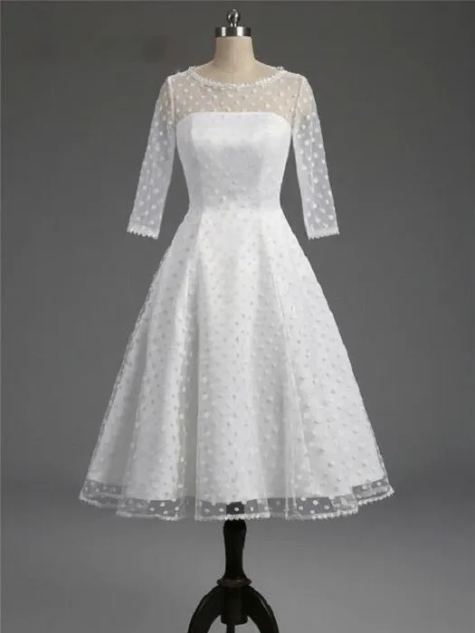 Classic Polka Dot White Short Wedding Dress with Sleeves | 1950s Pin Up Bridal Gown