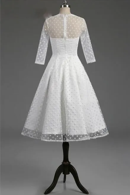 Classic Polka Dot White Short Wedding Dress with Sleeves | 1950s Pin Up Bridal Gown