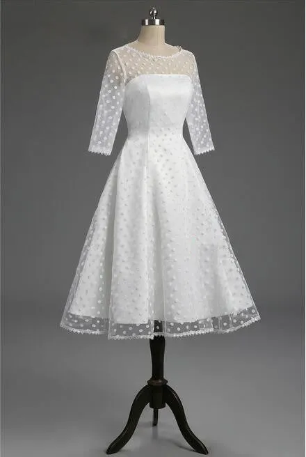 Classic Polka Dot White Short Wedding Dress with Sleeves | 1950s Pin Up Bridal Gown