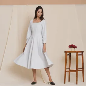 Cloudy Grey Warm Cotton Flannel Fit and Flare Midi Dress