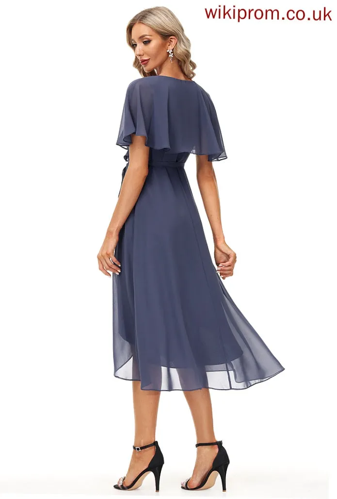 Cocktail Cocktail Dresses Tea-Length With Sash Chiffon Dress A-Line Front Split Jayleen V-neck