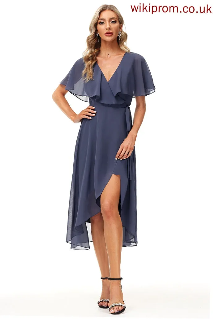 Cocktail Cocktail Dresses Tea-Length With Sash Chiffon Dress A-Line Front Split Jayleen V-neck