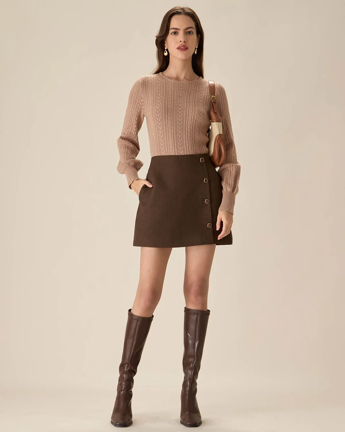 Coffee High-waisted Button Mini Skirt