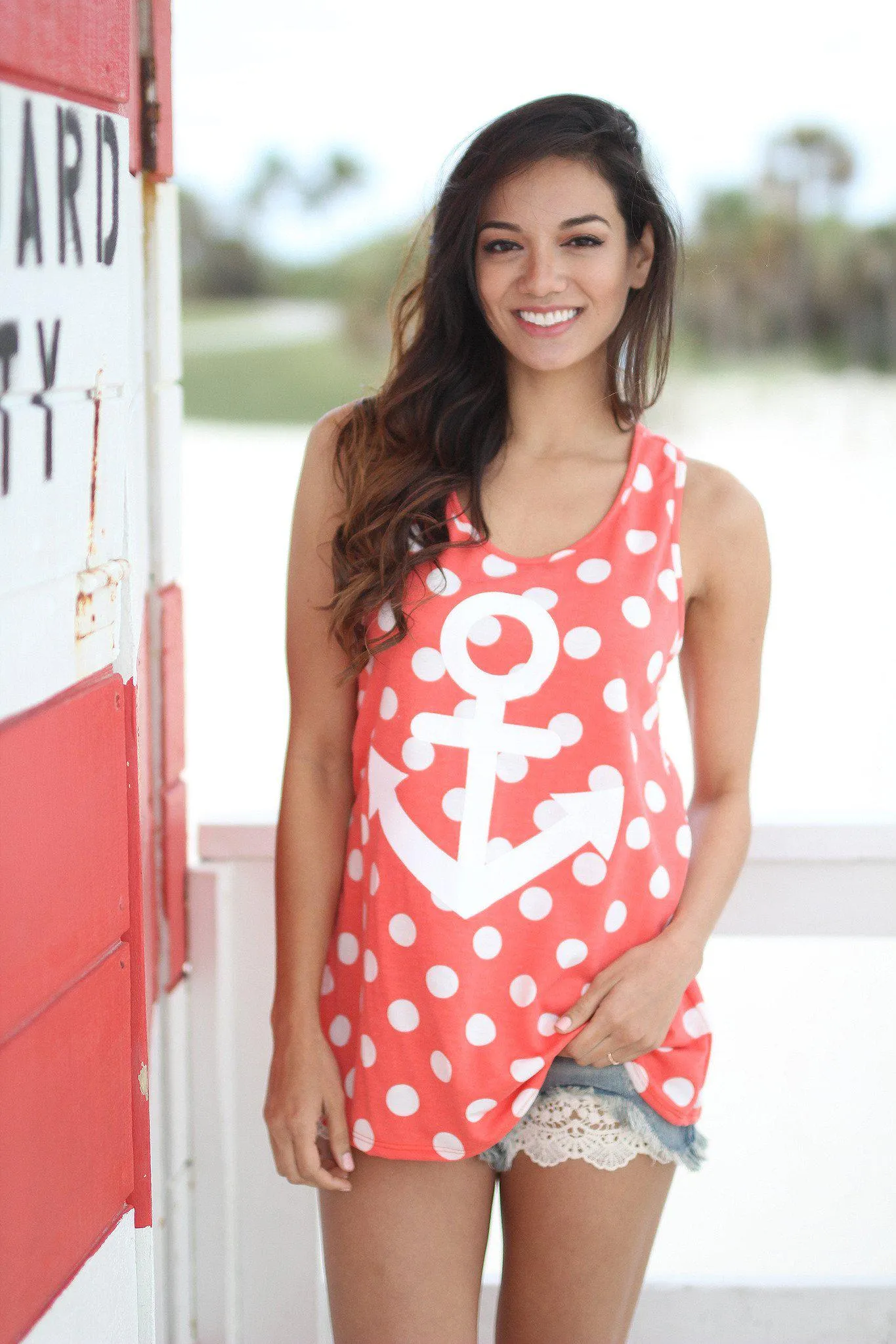 Coral Polka Dot Anchor Tank Top