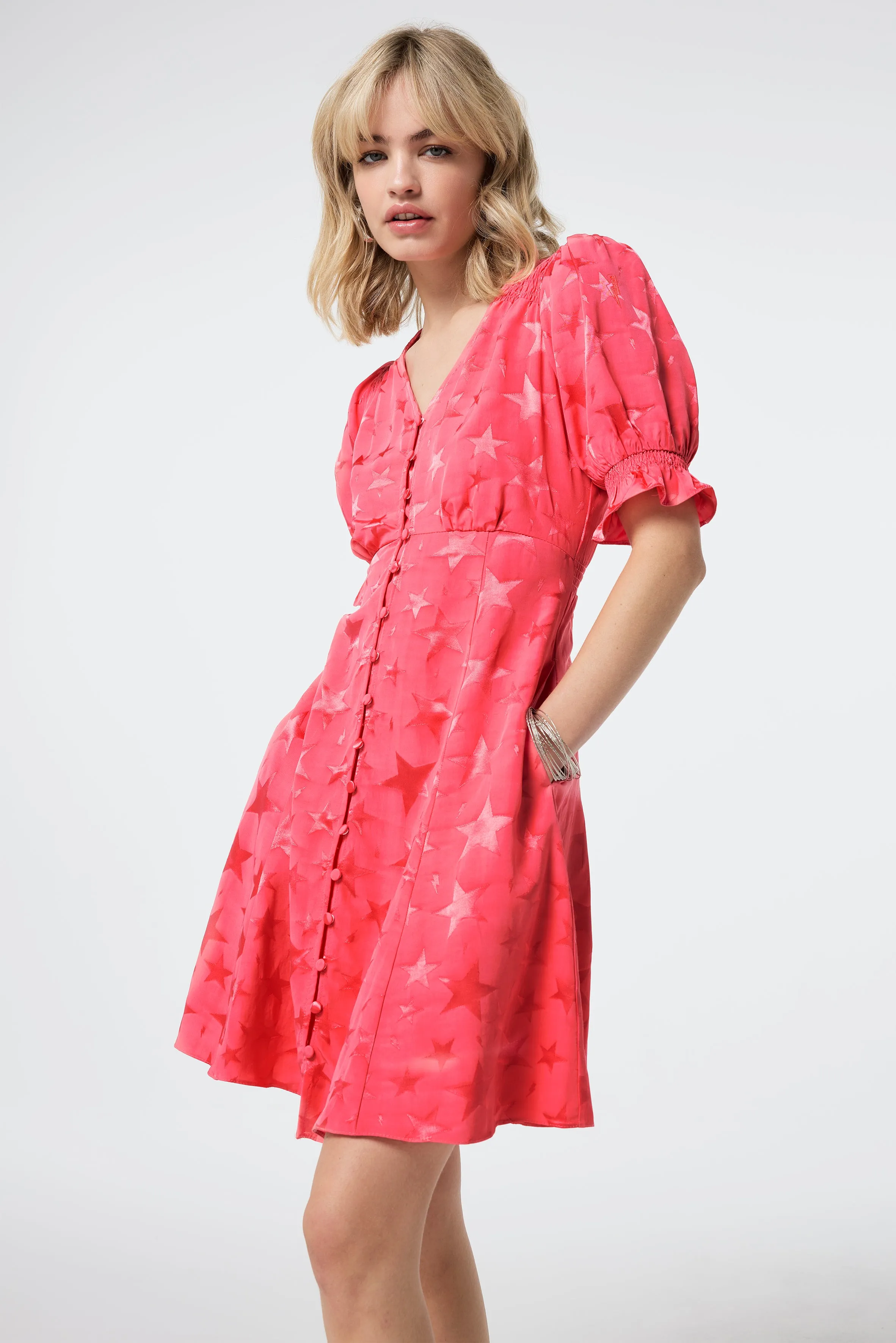 Coral Star Jacquard Flute Sleeve Short Tea Dress