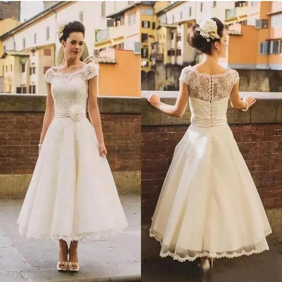 Country Style Cap Sleeves 50s Lace Tea Length Wedding Dress | Rockabilly Pinup Bridal Gown