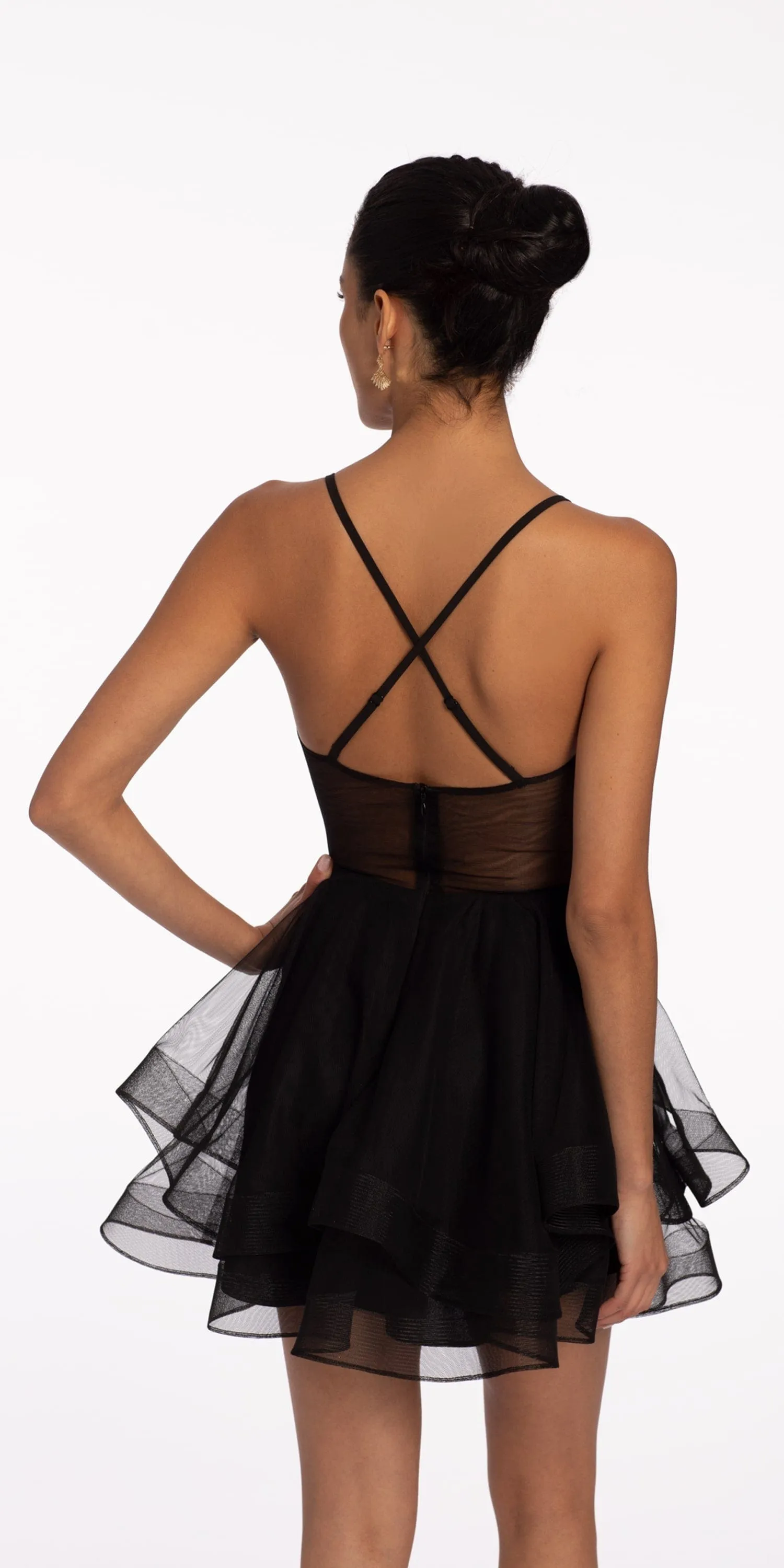 Deep V X Back Mesh Tiered Fit and Flare Dress