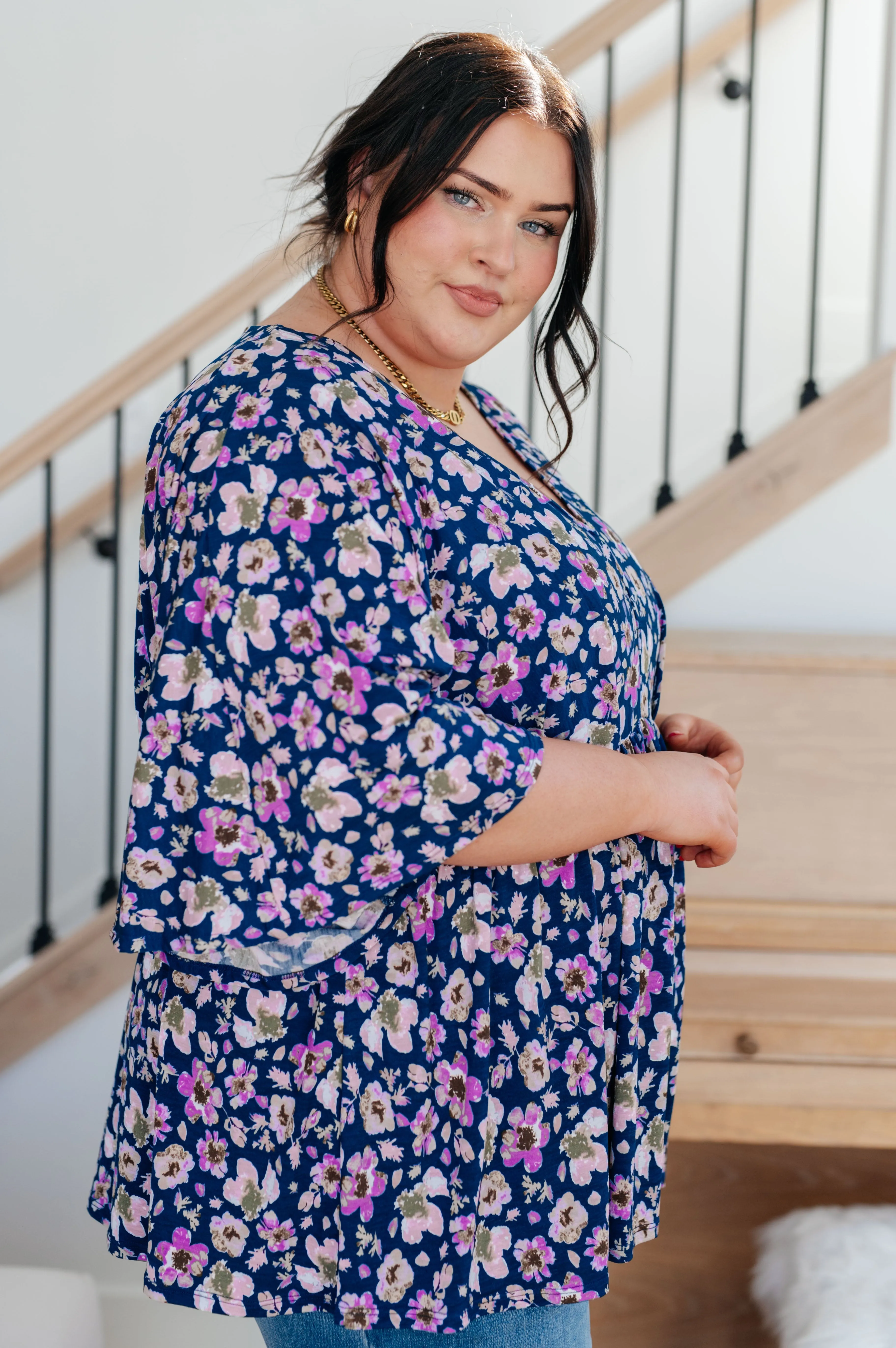 Delia Peplum Top in Navy Floral