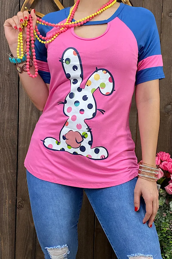 DLH10751 Pink/blue key whole neckline women top w/polka dot bunny print