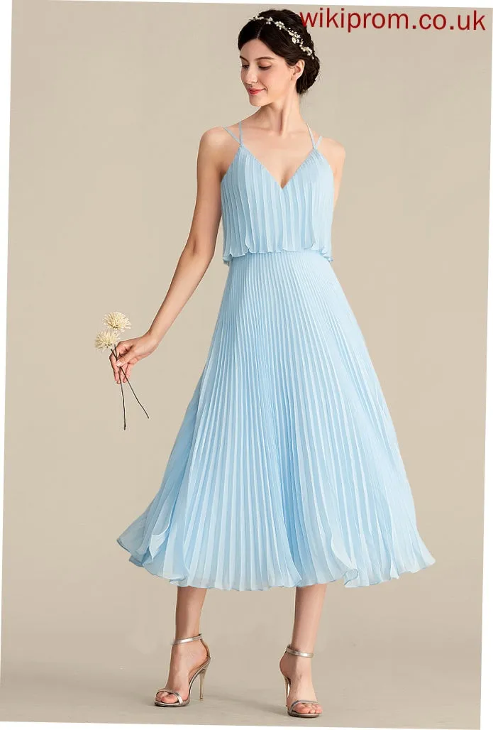 Dress Tea-Length Cocktail With V-neck Cocktail Dresses Janice Pleated A-Line Chiffon