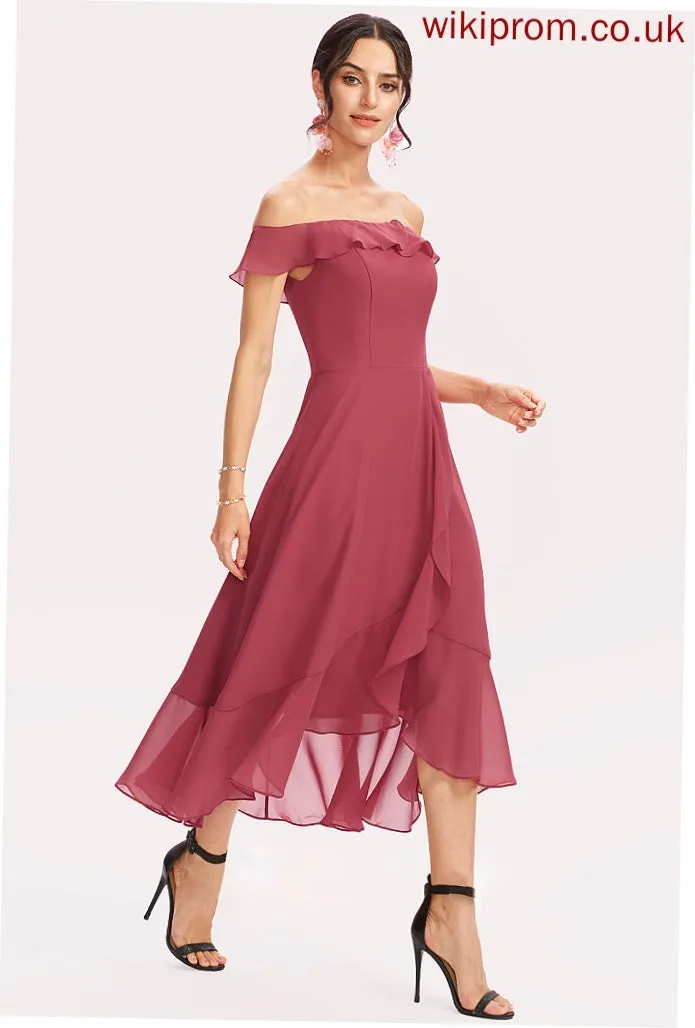 Embellishment Fabric Tea-Length Neckline CascadingRuffles A-Line Silhouette Length Off-the-Shoulder Janice Natural Waist Sleeveless Bridesmaid Dresses