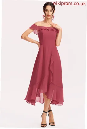 Embellishment Fabric Tea-Length Neckline CascadingRuffles A-Line Silhouette Length Off-the-Shoulder Janice Natural Waist Sleeveless Bridesmaid Dresses