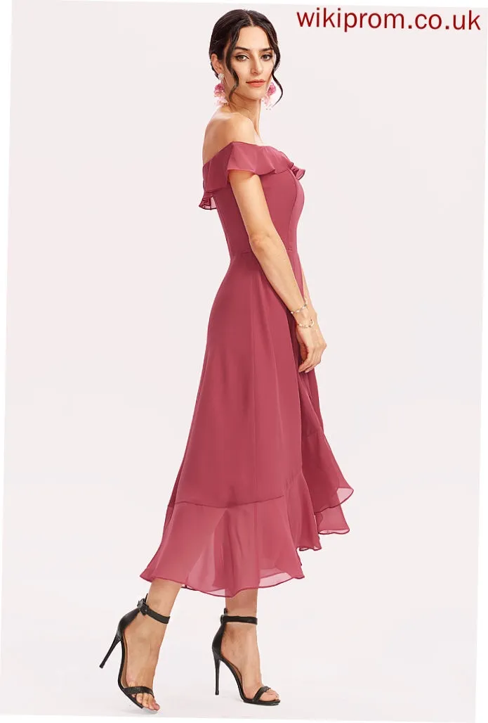 Embellishment Fabric Tea-Length Neckline CascadingRuffles A-Line Silhouette Length Off-the-Shoulder Janice Natural Waist Sleeveless Bridesmaid Dresses