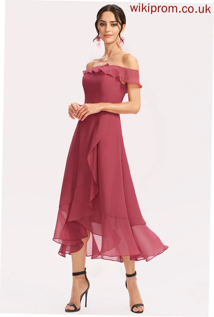 Embellishment Fabric Tea-Length Neckline CascadingRuffles A-Line Silhouette Length Off-the-Shoulder Janice Natural Waist Sleeveless Bridesmaid Dresses