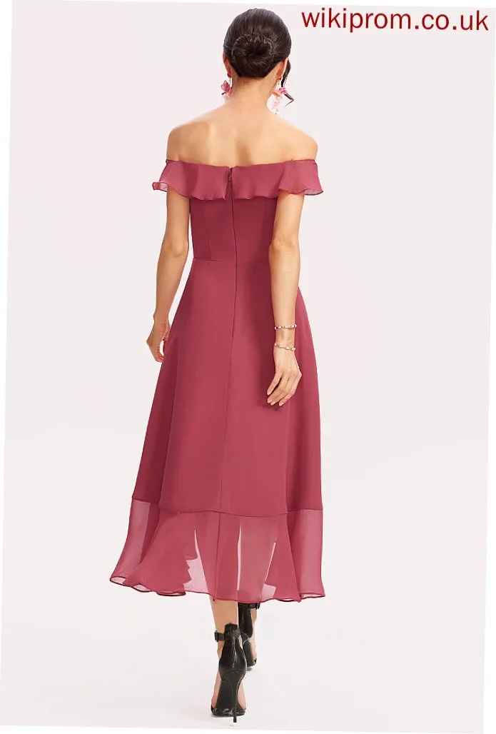 Embellishment Fabric Tea-Length Neckline CascadingRuffles A-Line Silhouette Length Off-the-Shoulder Janice Natural Waist Sleeveless Bridesmaid Dresses