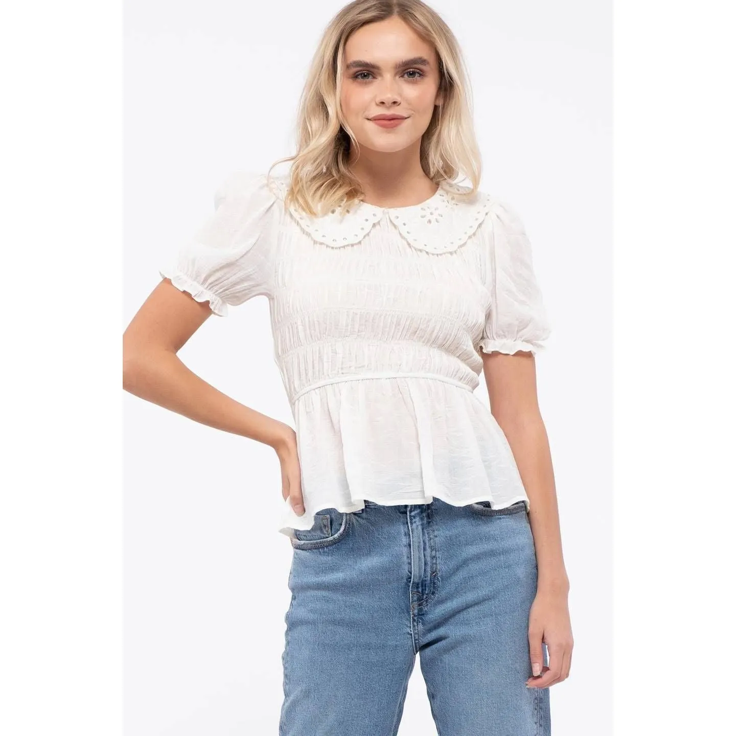 Eyelet Smock Peplum Top