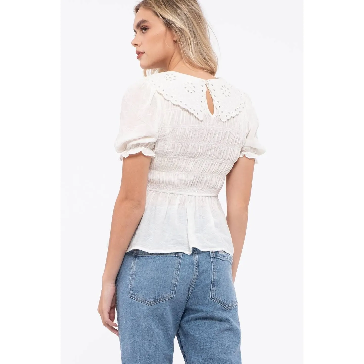 Eyelet Smock Peplum Top