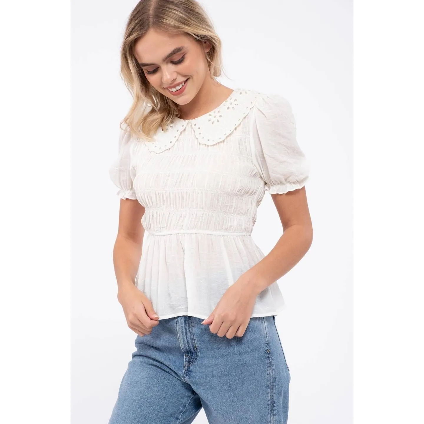 Eyelet Smock Peplum Top