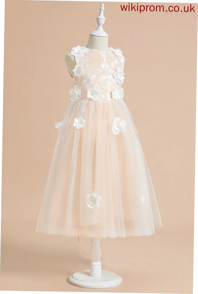 Girl Tulle Amiah Neck - With Dress Flower Girl Dresses Tea-length Flower Scoop Sleeveless Flower(s)/Bow(s) A-Line