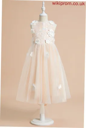 Girl Tulle Amiah Neck - With Dress Flower Girl Dresses Tea-length Flower Scoop Sleeveless Flower(s)/Bow(s) A-Line