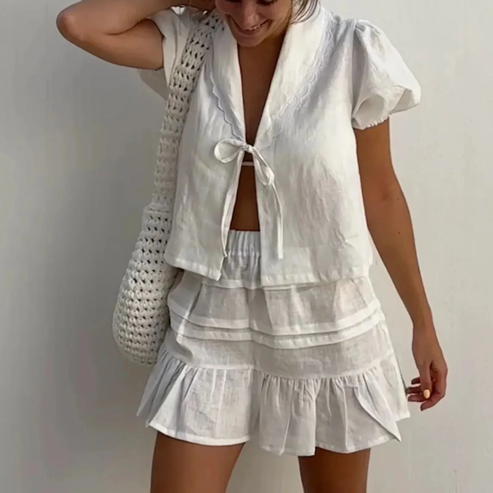 Girlary Women Y2K Peplum Shirts Lace Trim Tie Front V Neck Crop Top Short Puff Sleeve Blouse Cute Babydoll Bow Lace Up Tops