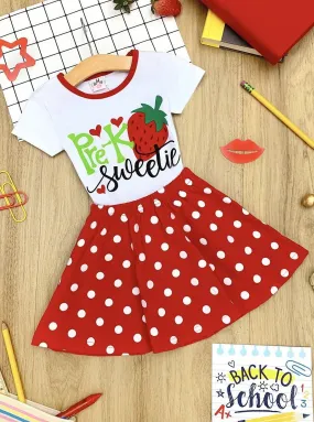 Girls 1st Day of School "Pre-K Sweetie" Strawberry Print Top & Polka Dot Skirt Set