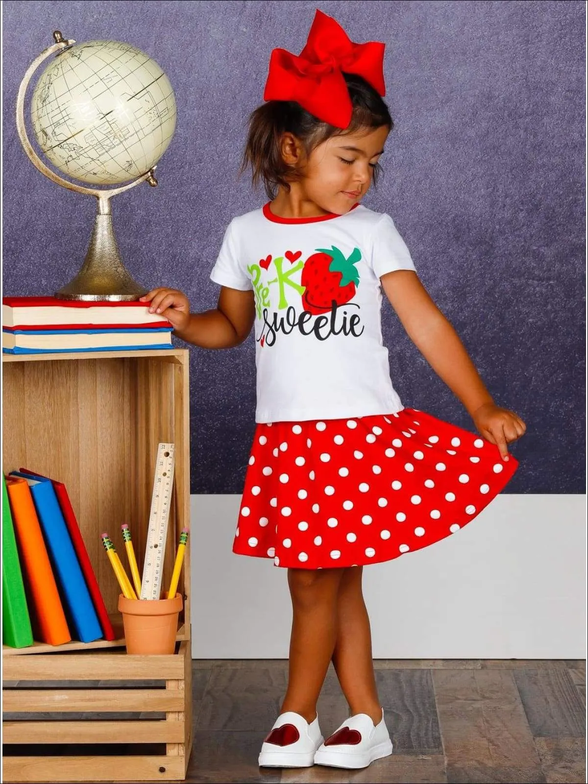 Girls 1st Day of School "Pre-K Sweetie" Strawberry Print Top & Polka Dot Skirt Set